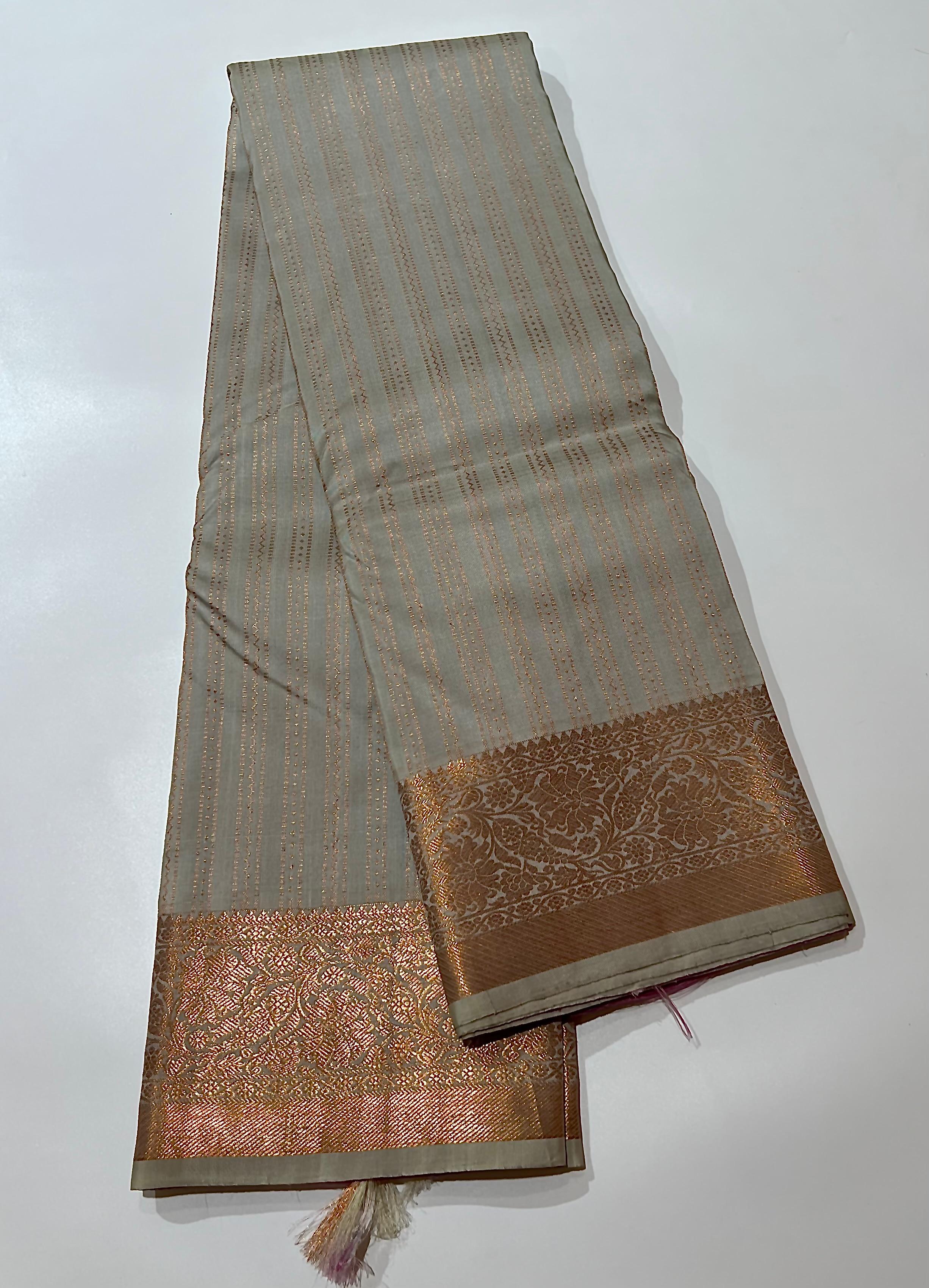 Grey and golden zari border kanjeevaram silk saree