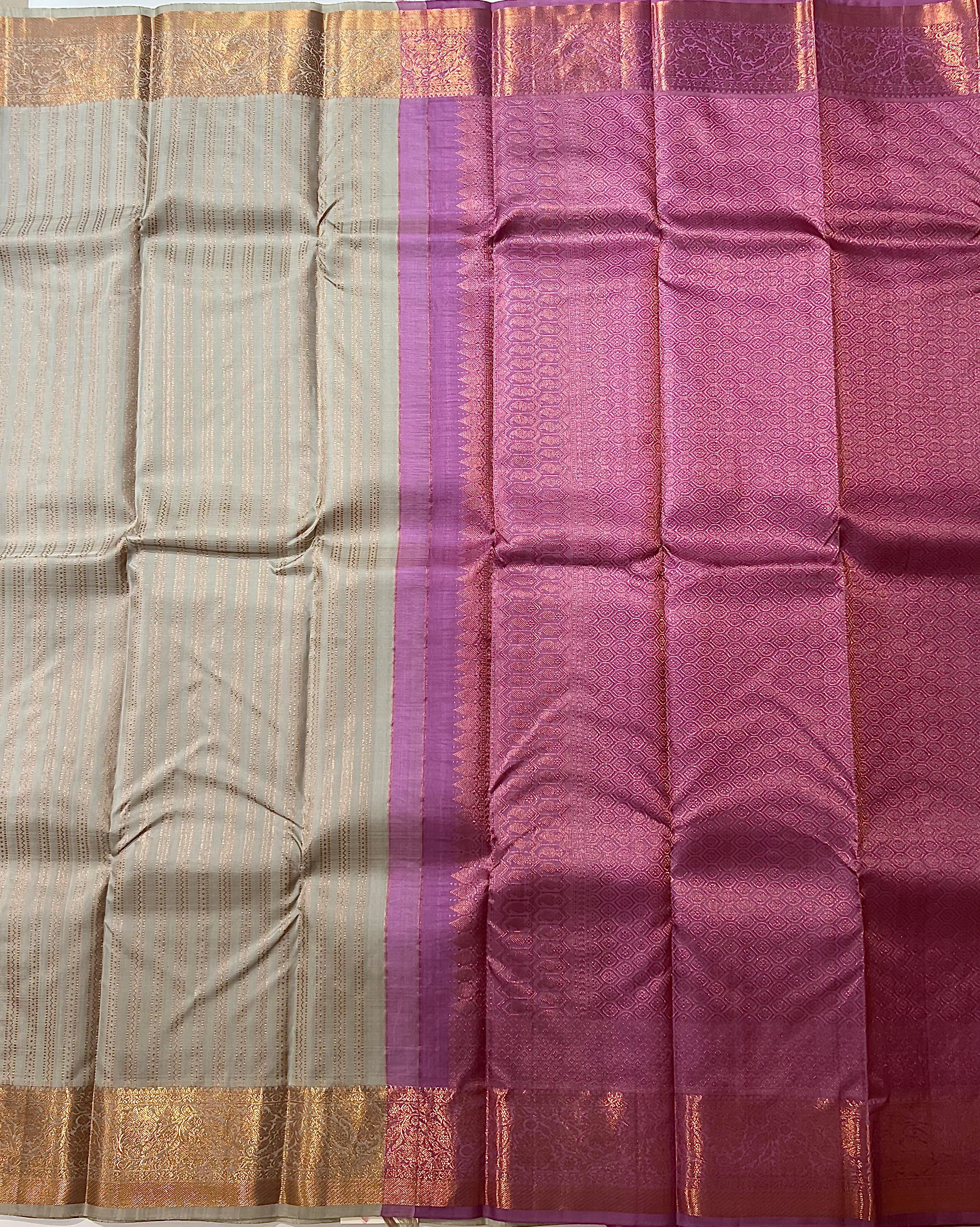 Grey and golden zari border kanjeevaram silk saree