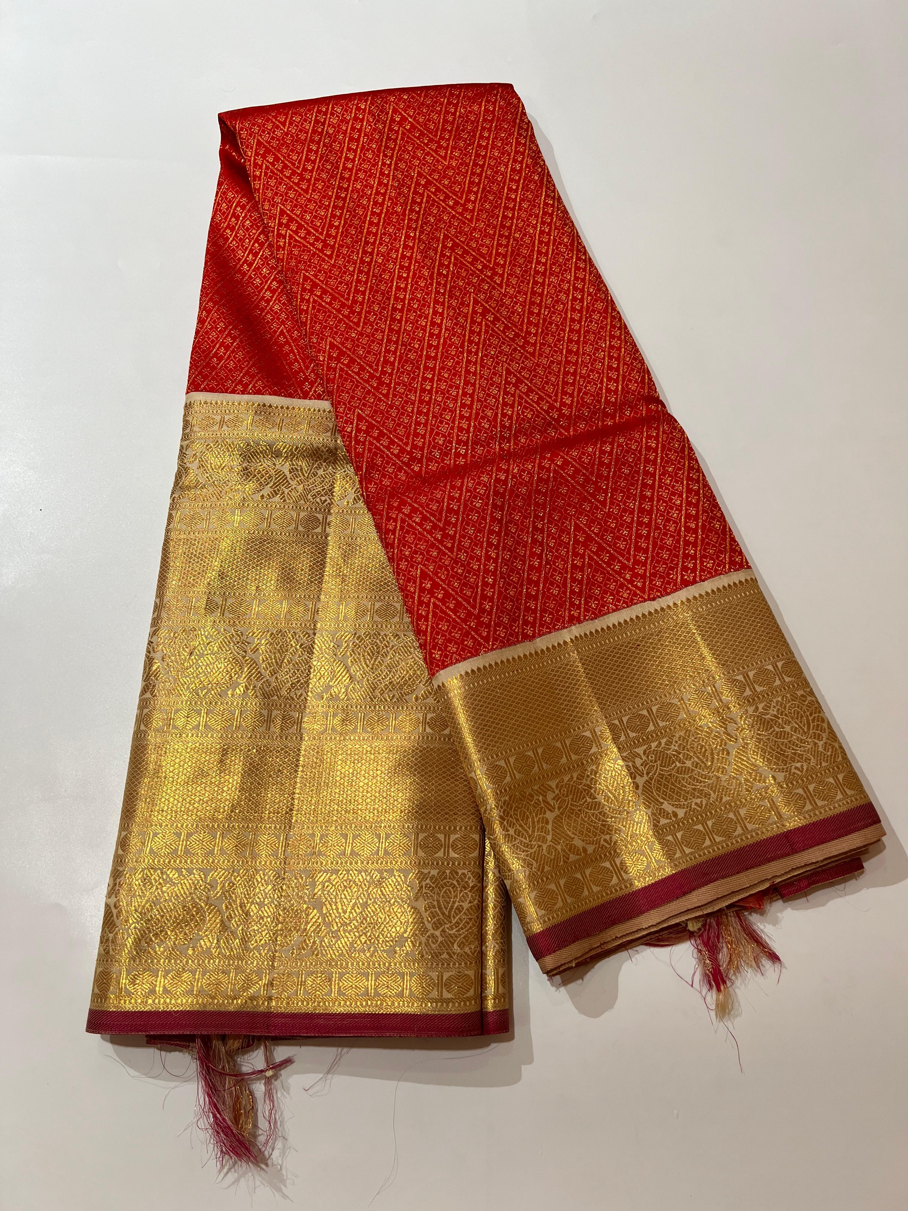 Red and white golden zari Kanjeevaram silk saree