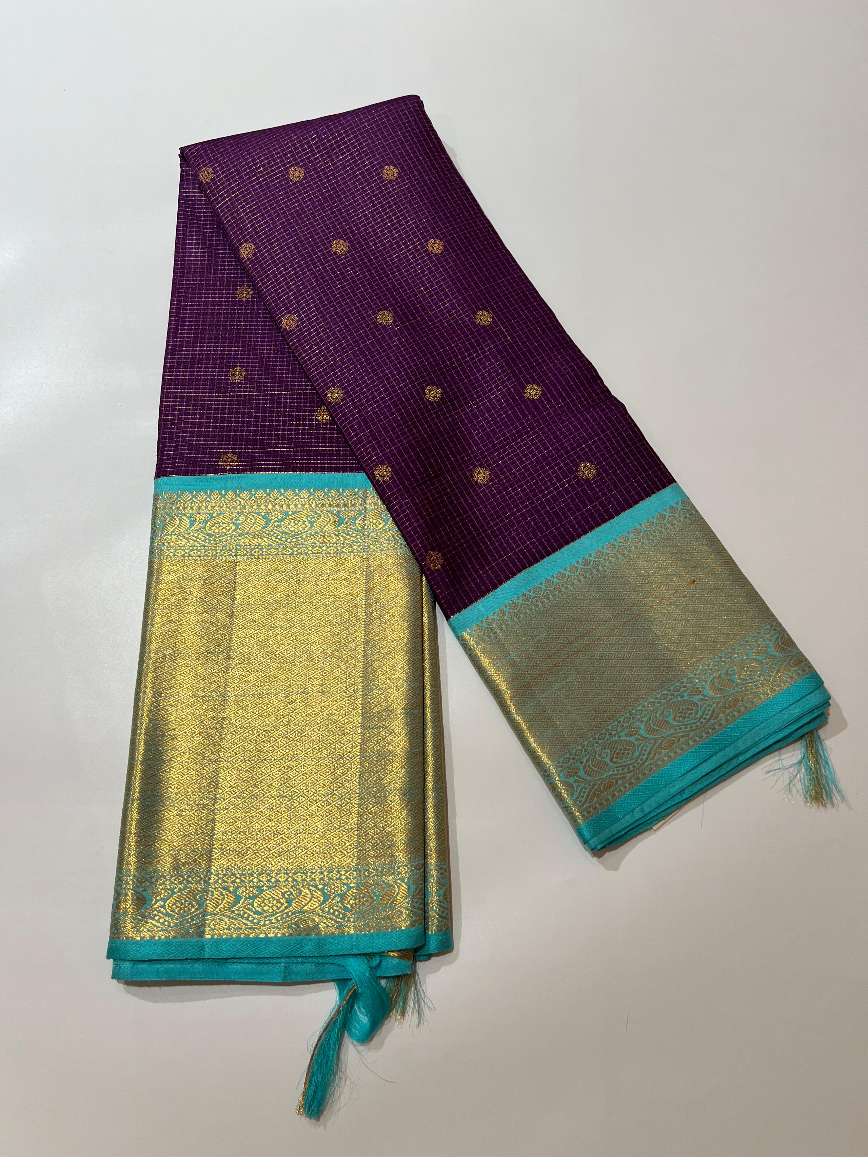 Small butis Violet and sky blue kanjeevaram silk saree