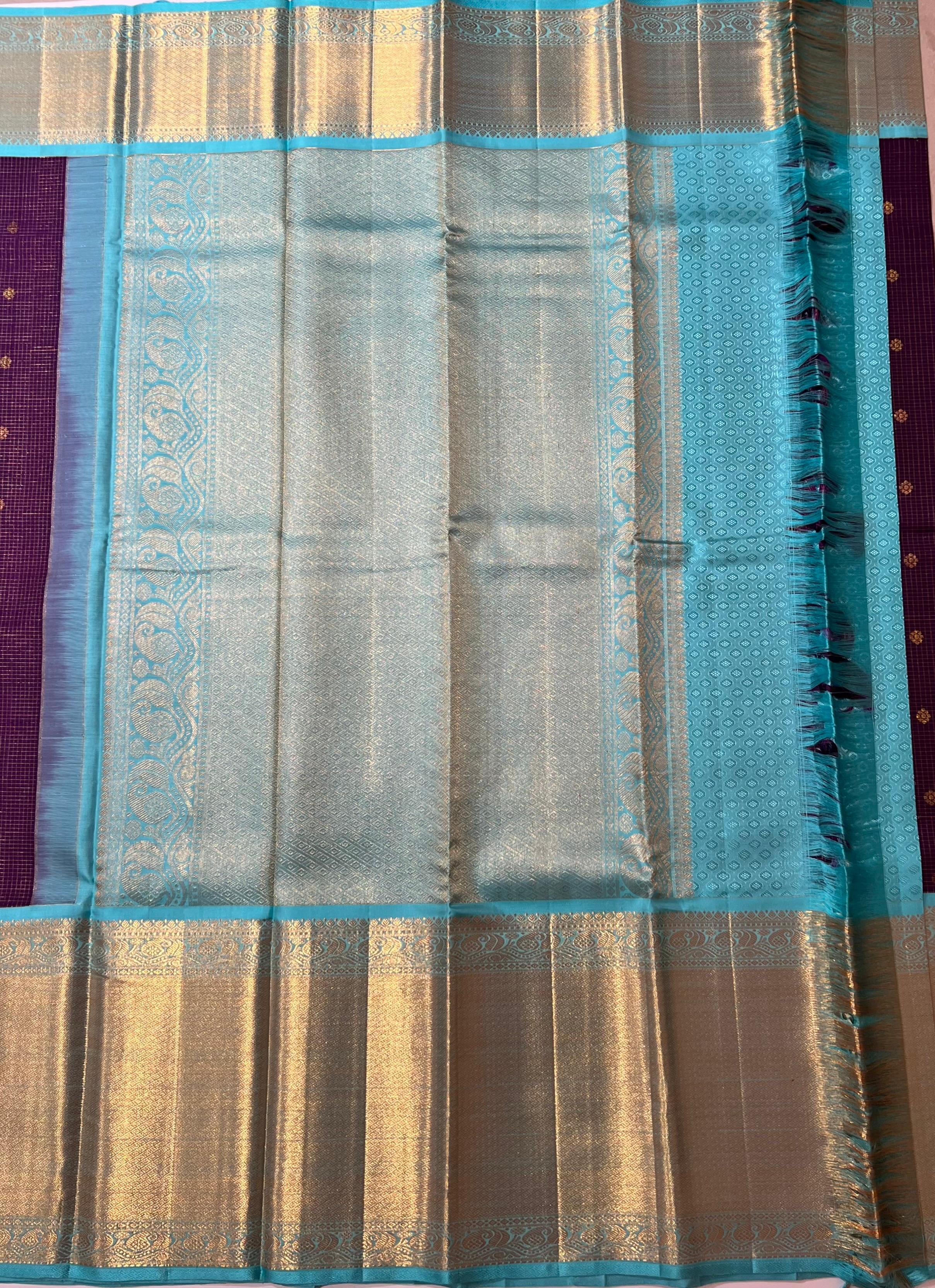 Small butis Violet and sky blue kanjeevaram silk saree