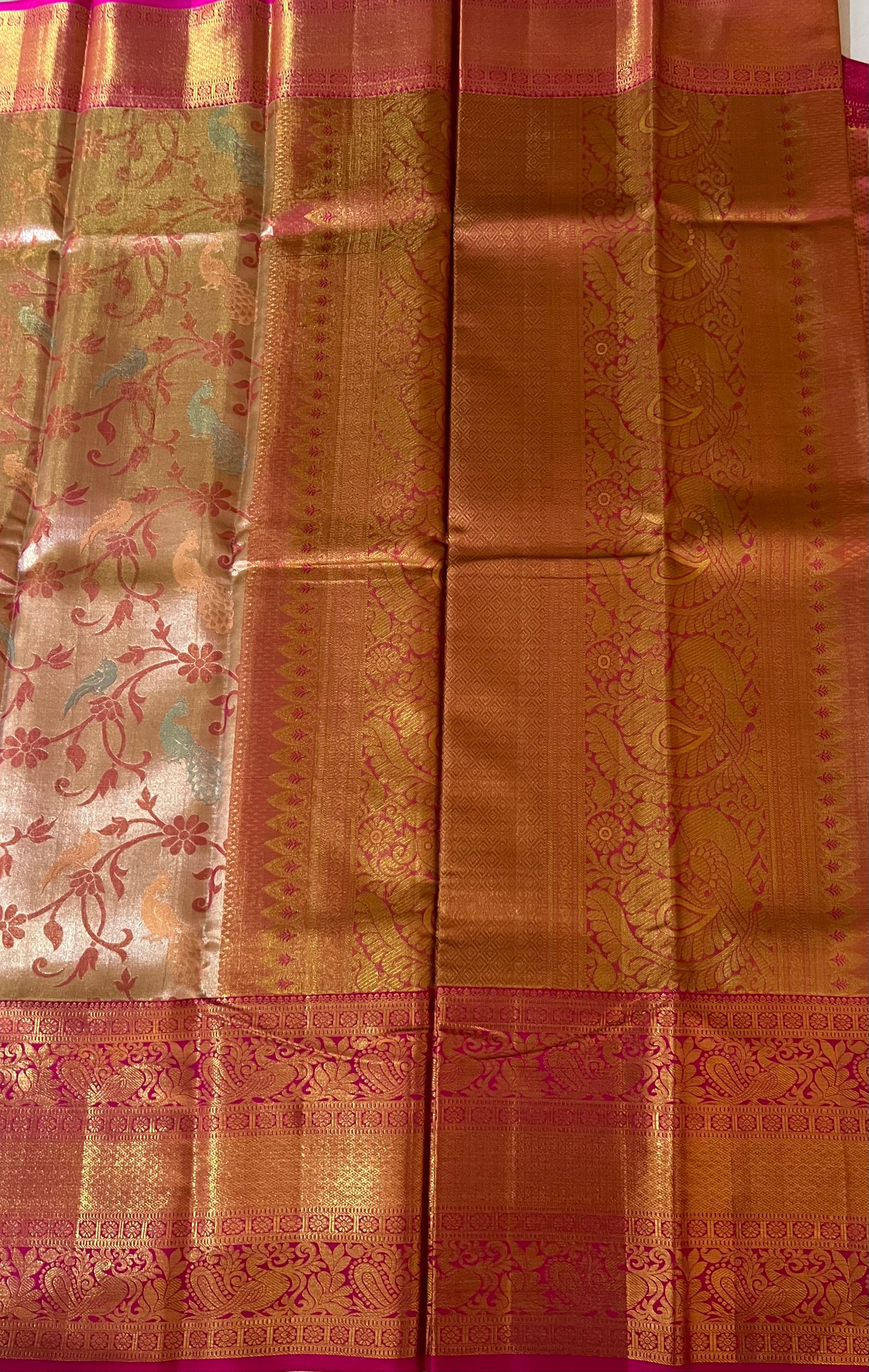 Peacock motif Golden and rani pink Kanjeevaram silk saree