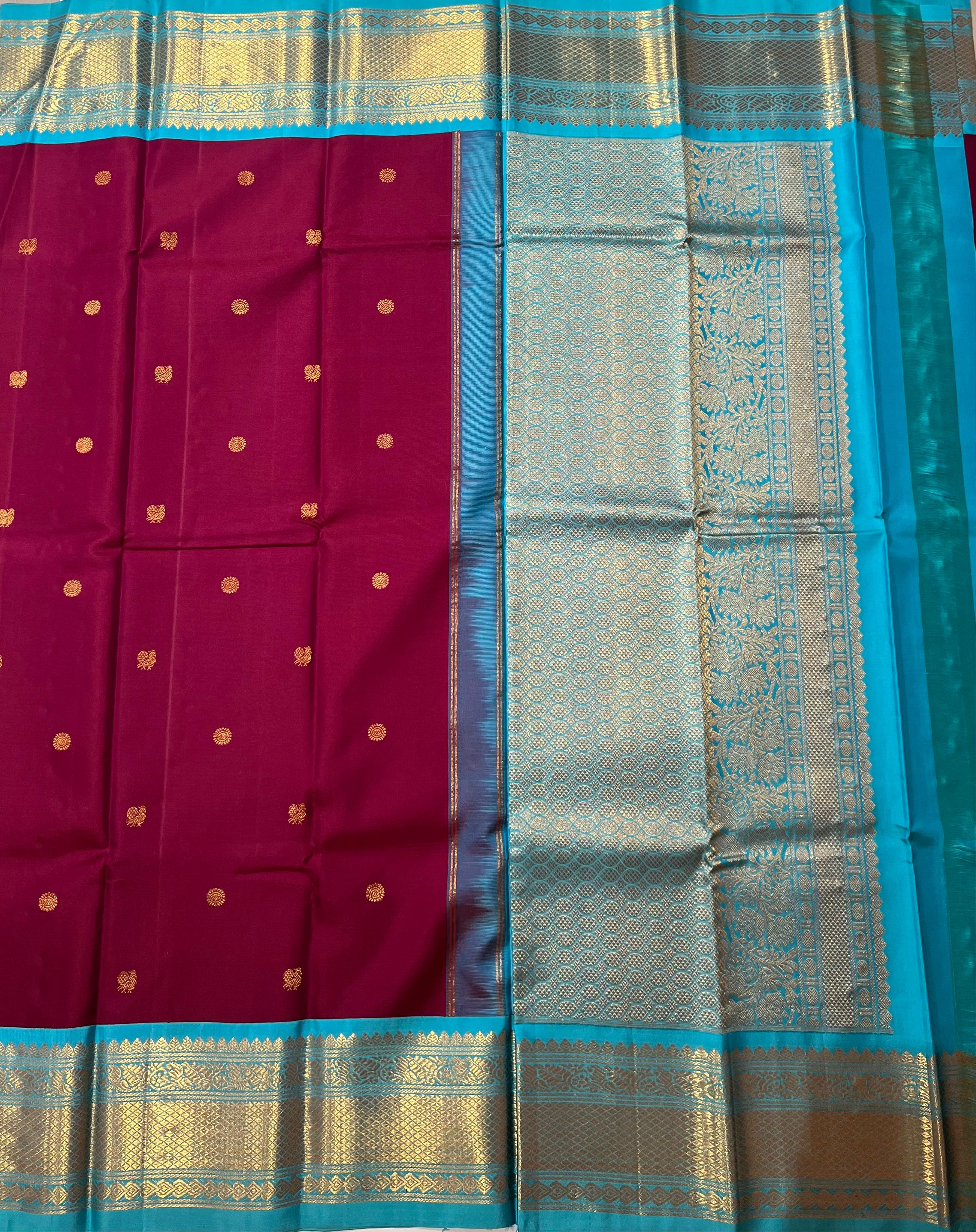Maroon ans sky blue Kanjeevaram silk saree