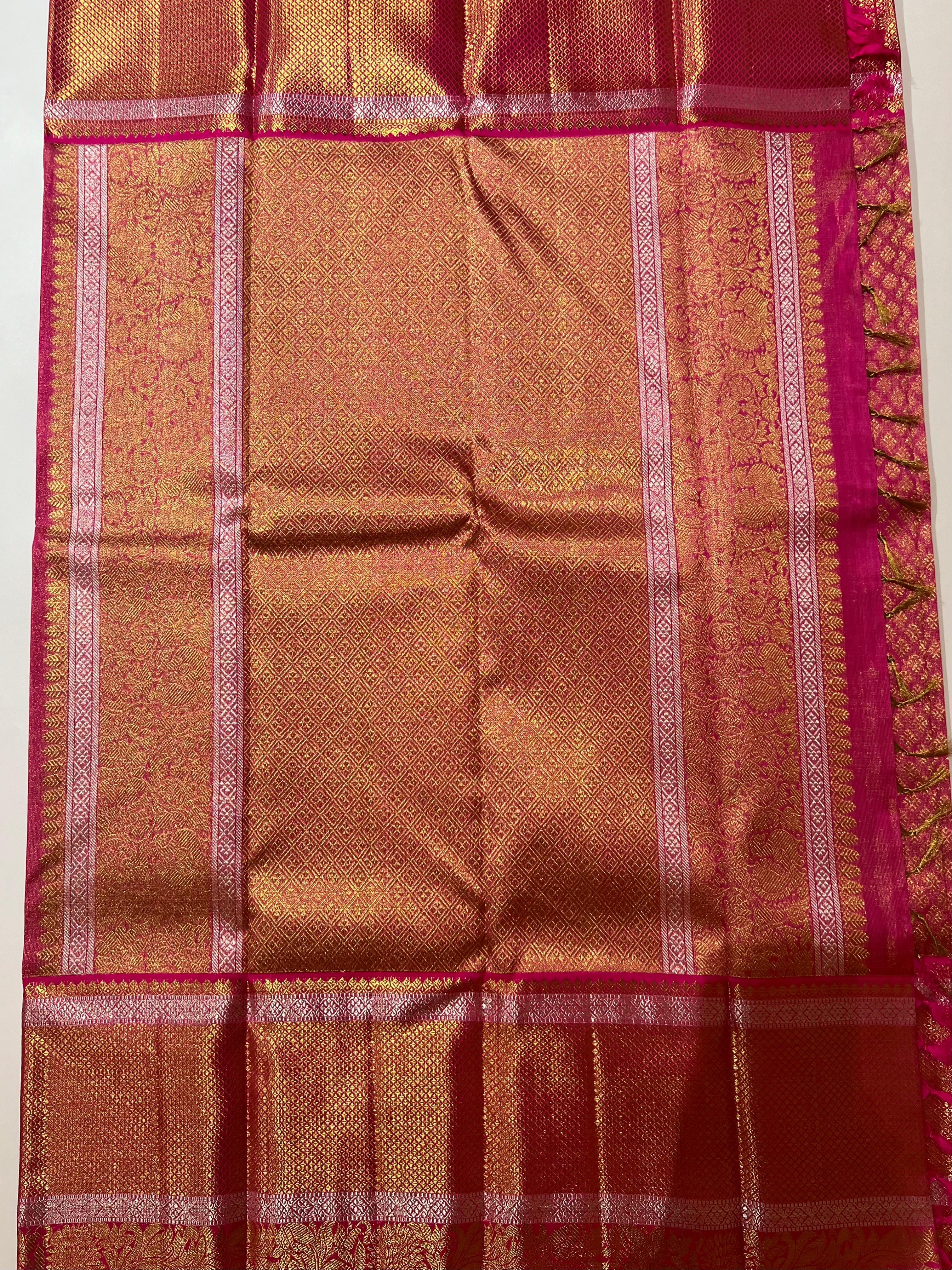 Pink and golden Zari work border kanjeevaram silk saree