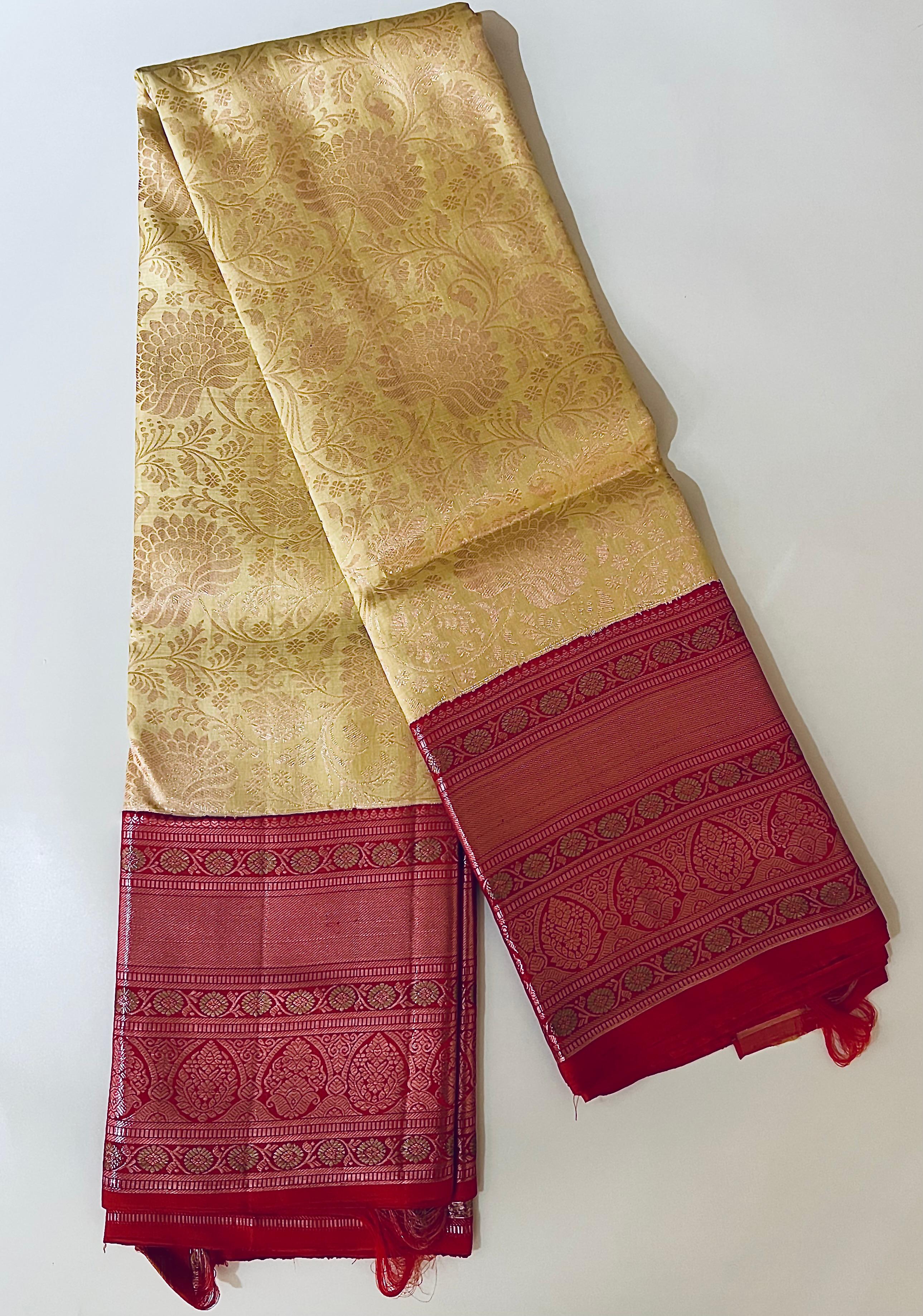 Cream and red Kanjeevaram silk saree