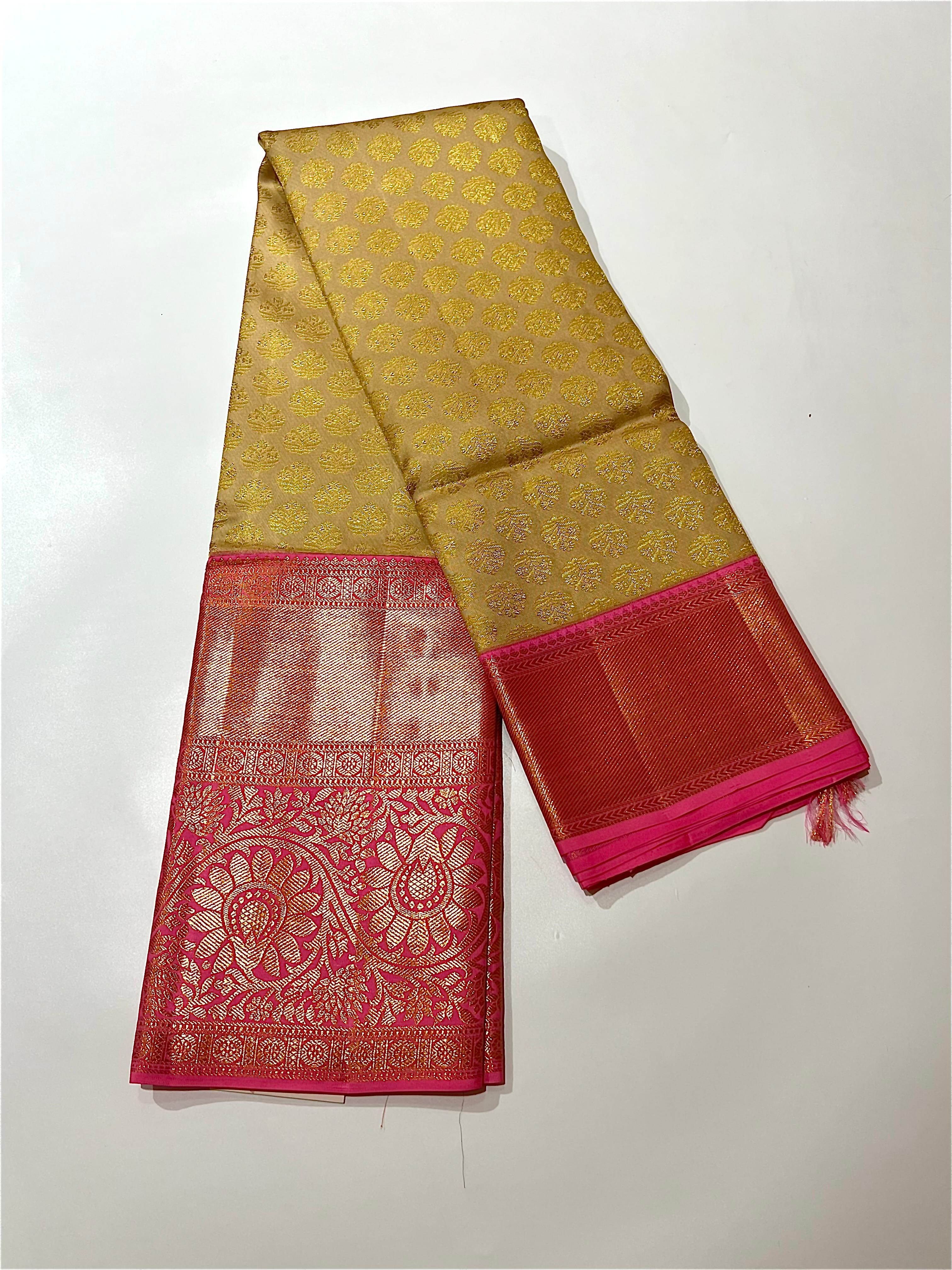Golden and pink Kanjeevaram silk saree