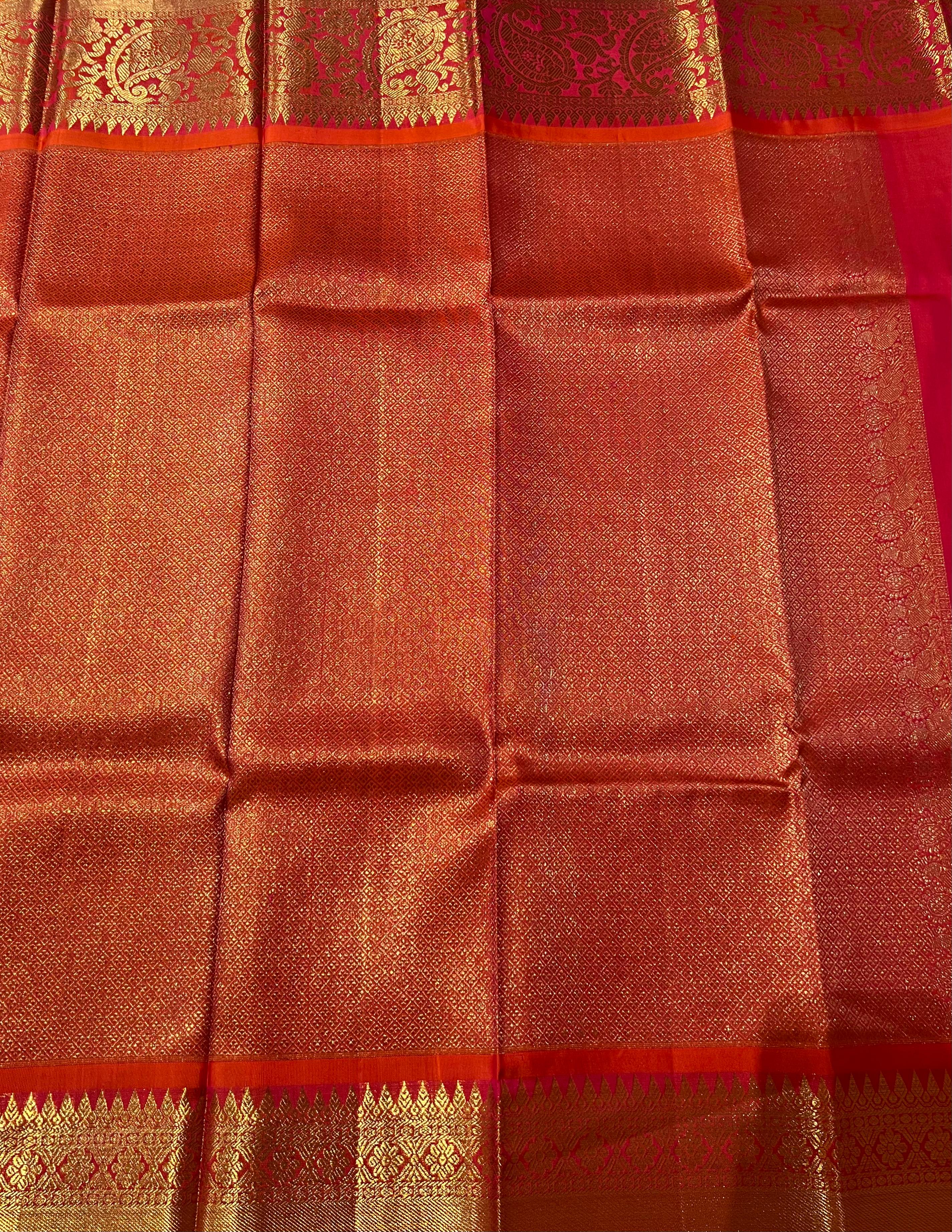 Flower motif blue and red Kanjeevaram silk saree
