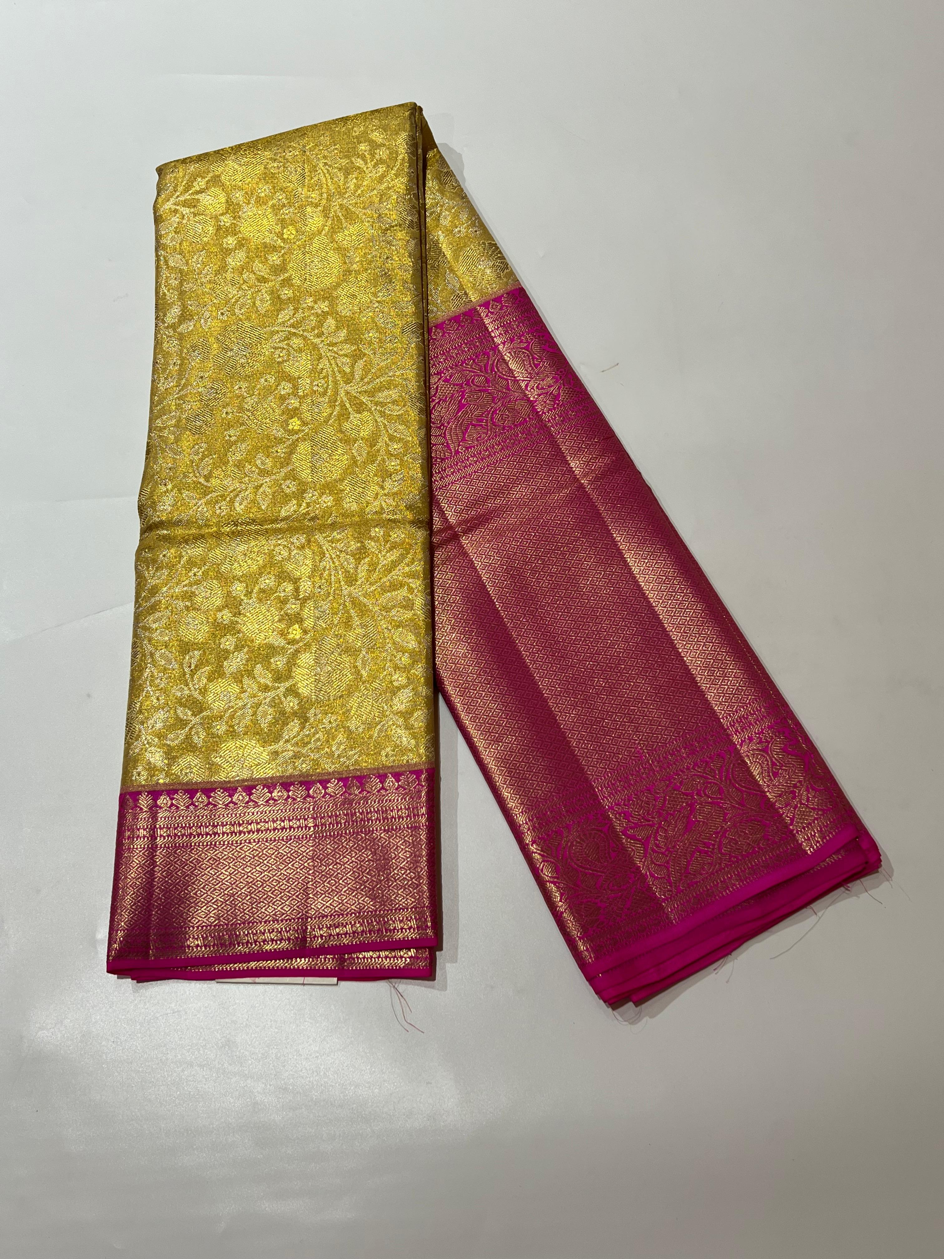 Rose motif Golden and pink kanjeevaram silk saree