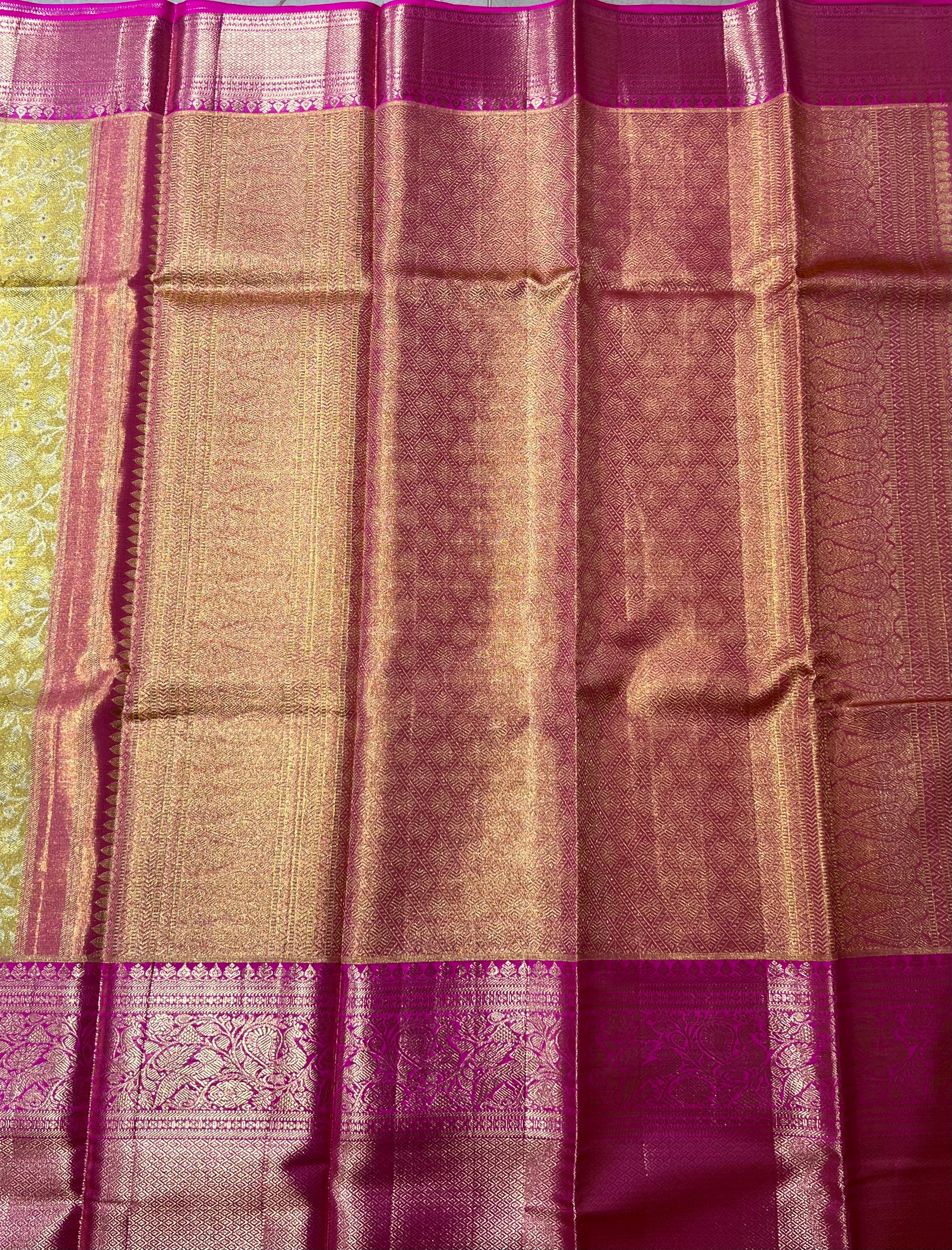 Rose motif Golden and pink kanjeevaram silk saree