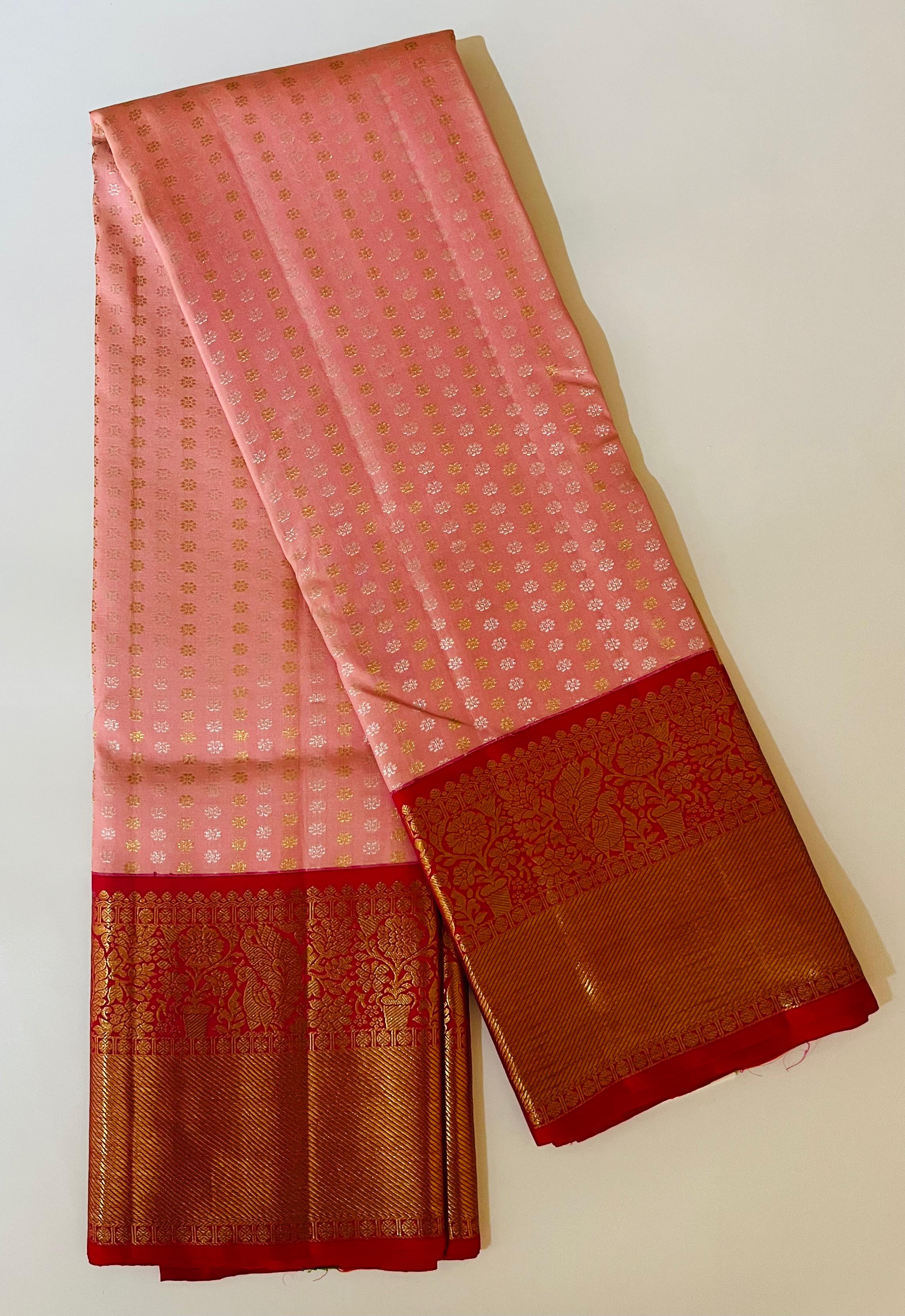 Mini flower on peach and red kanjeevaram silk saree