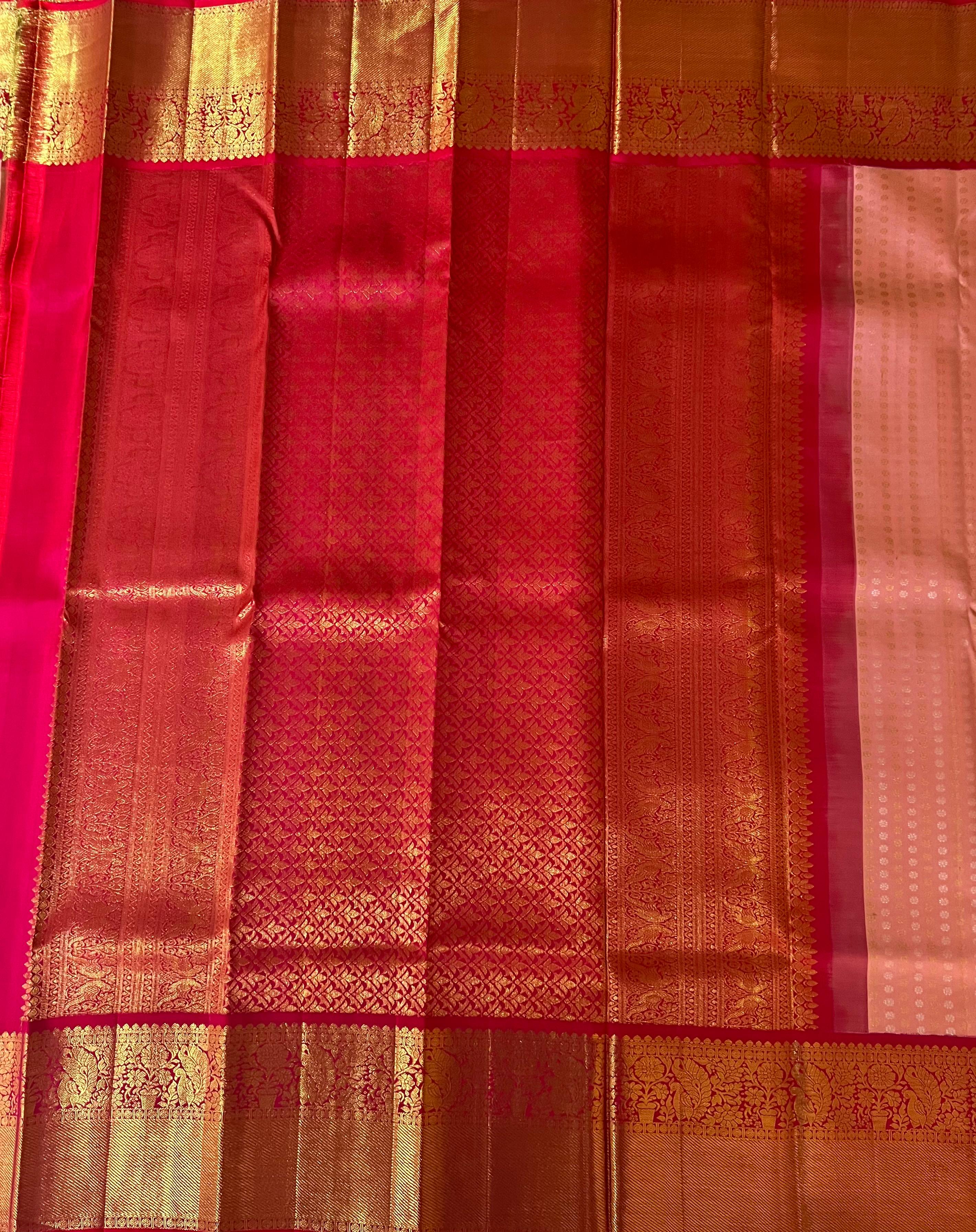Mini flower on peach and red kanjeevaram silk saree