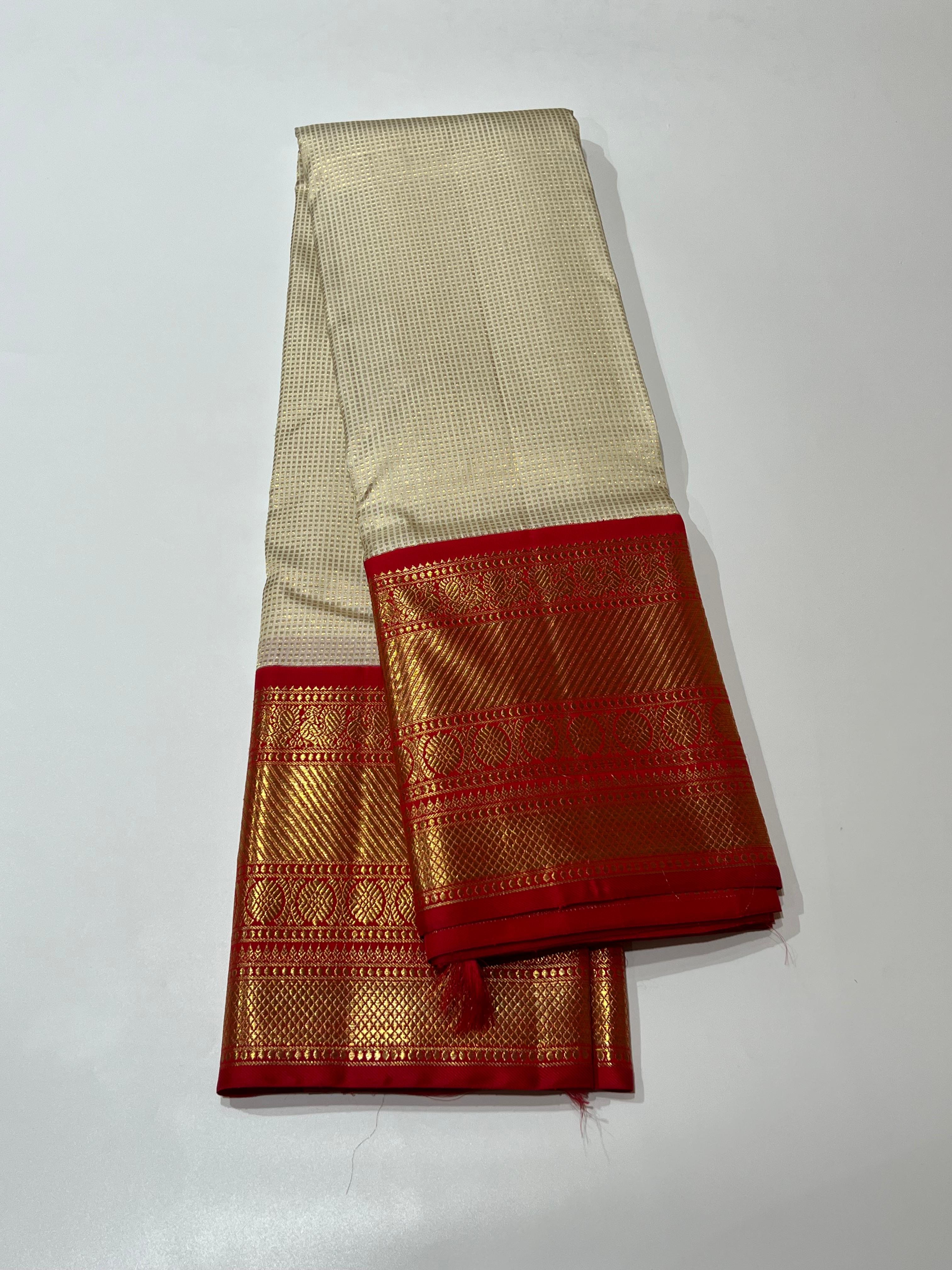 Offwhite and Red Kanjeevaram silk saree