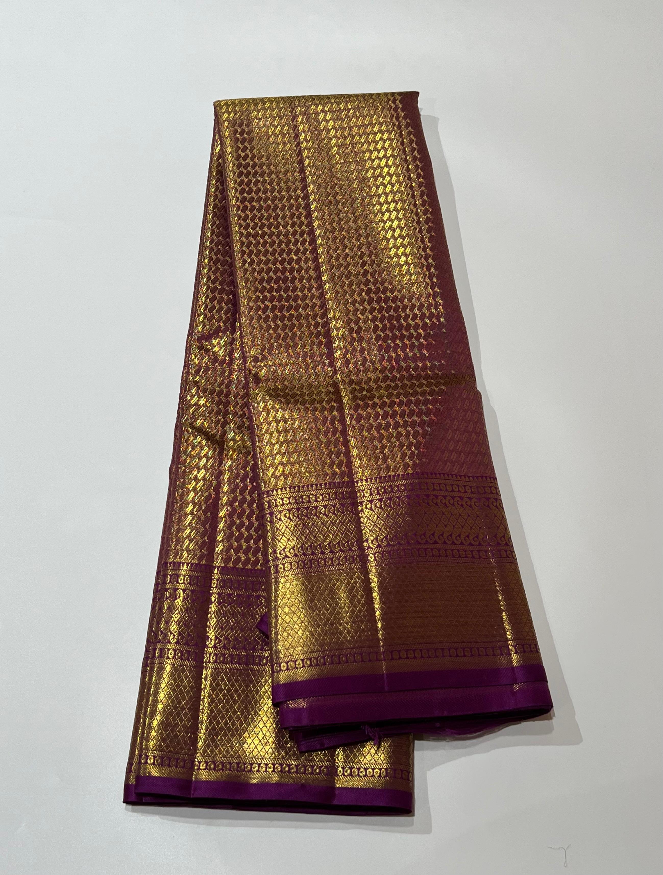 Violet and golden Kanjeevaram silk saree