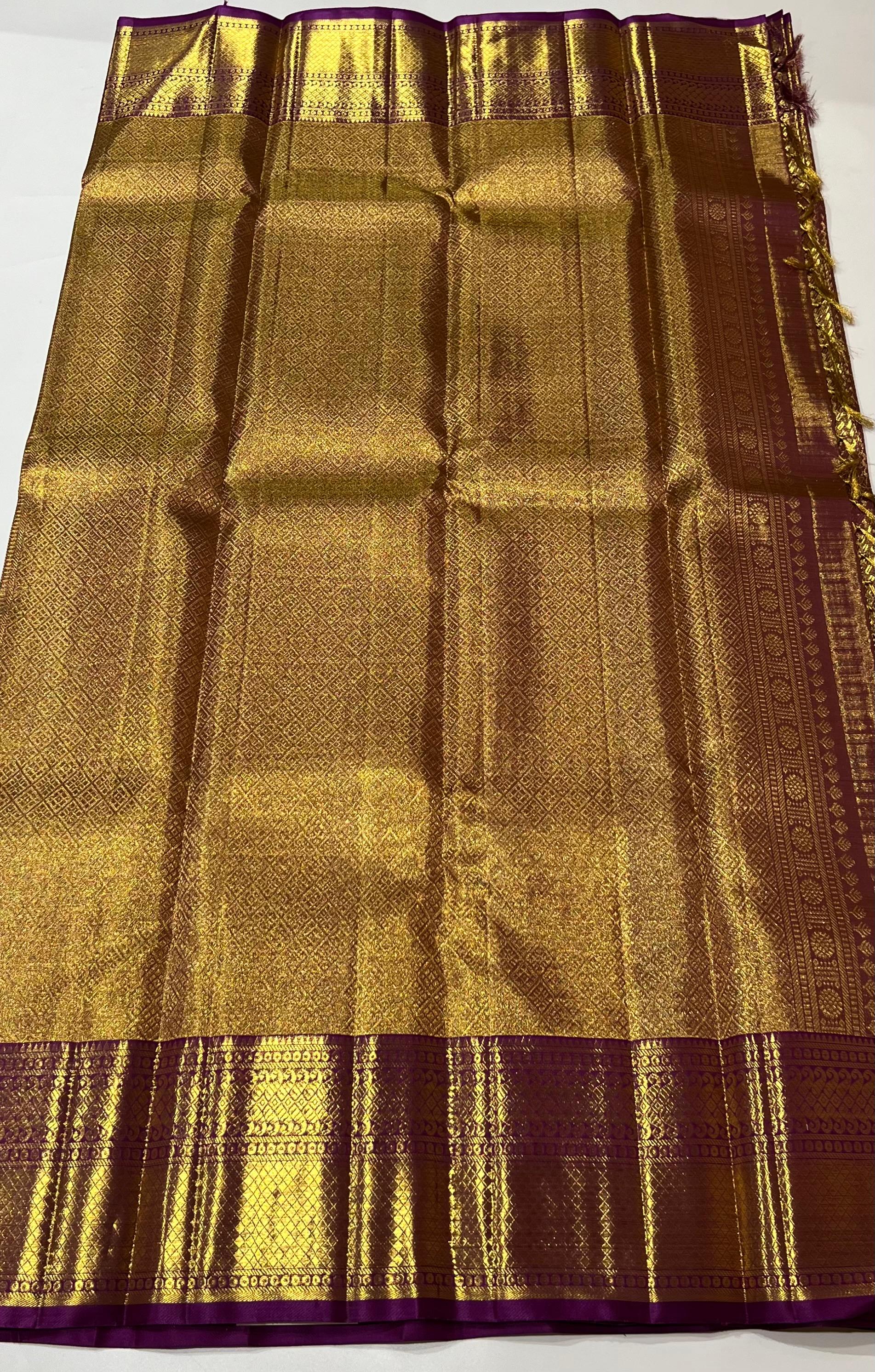 Violet and golden Kanjeevaram silk saree