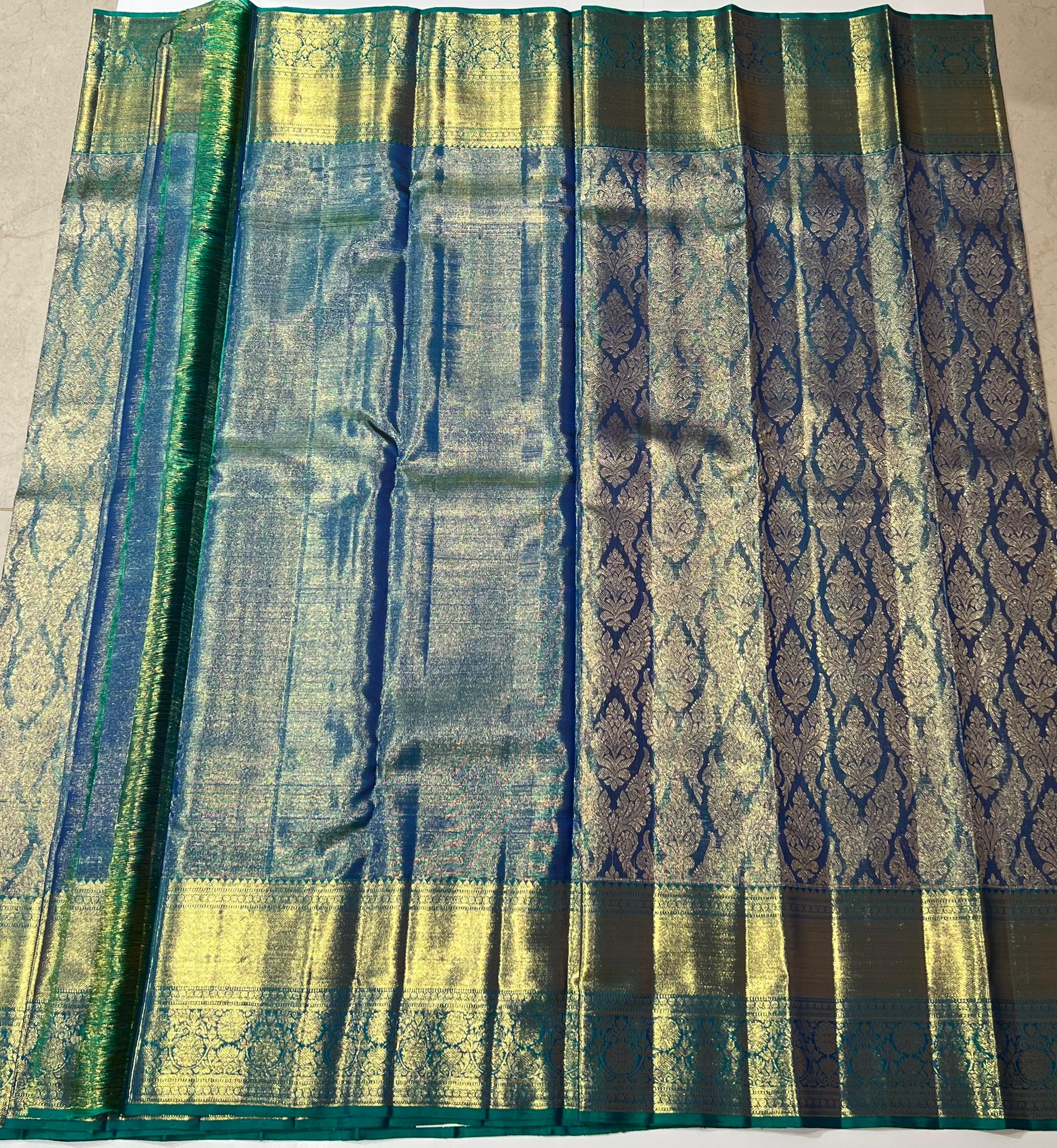 Blueish green and golden Kanjeevaram silk saree