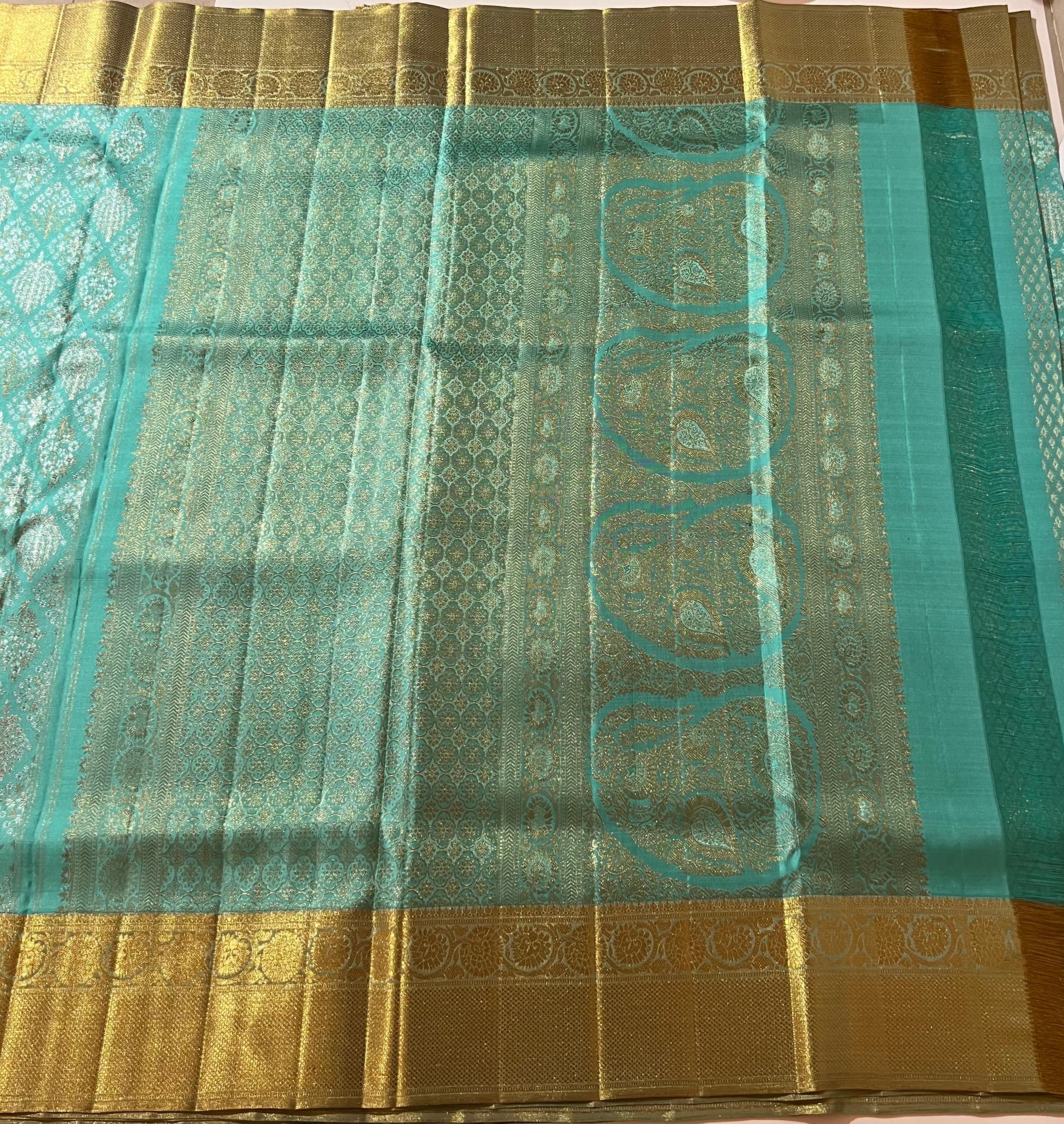 Seablue and golden Kanjeevaram silk saree