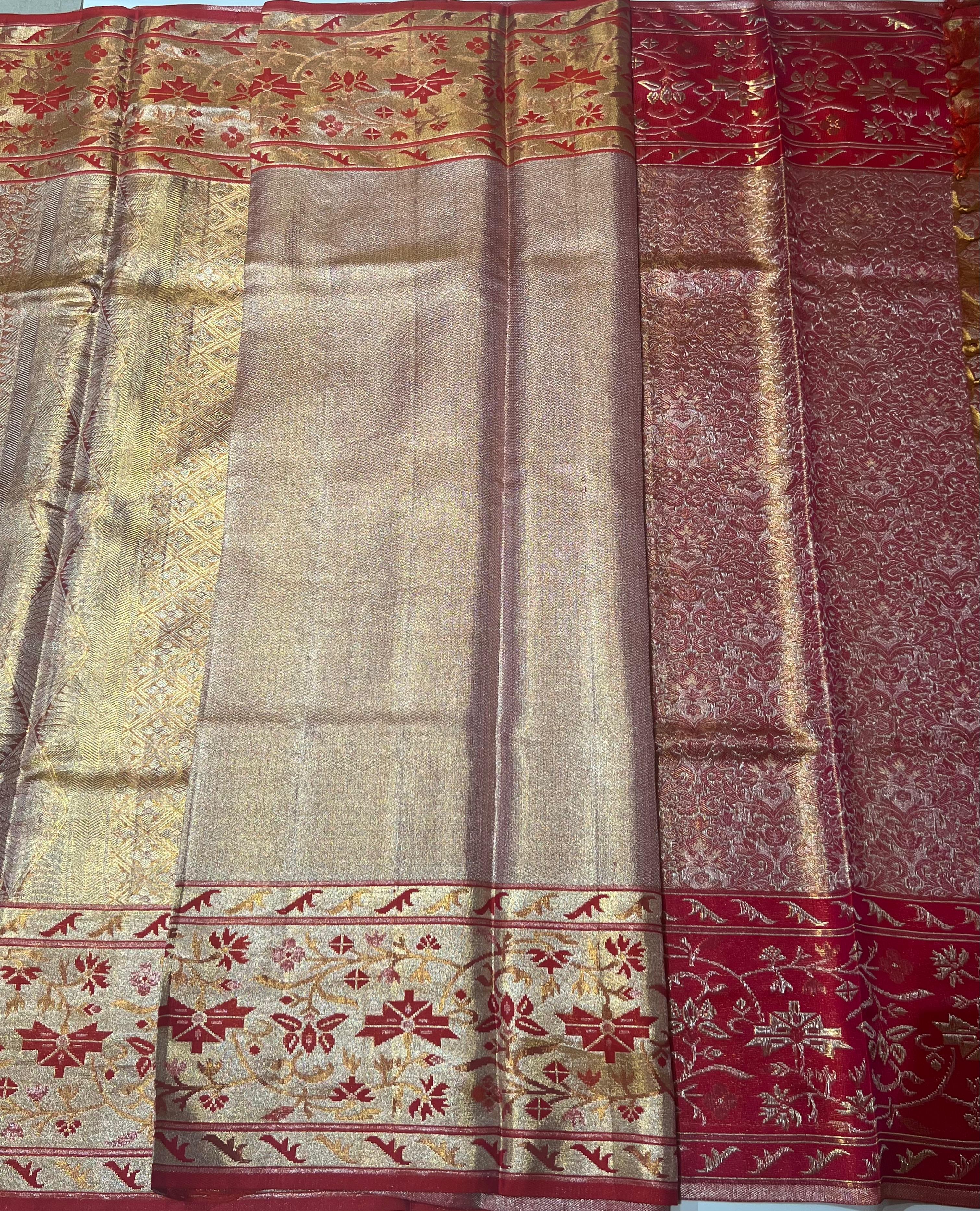 Golden and red border Kanjeevaram silk saree