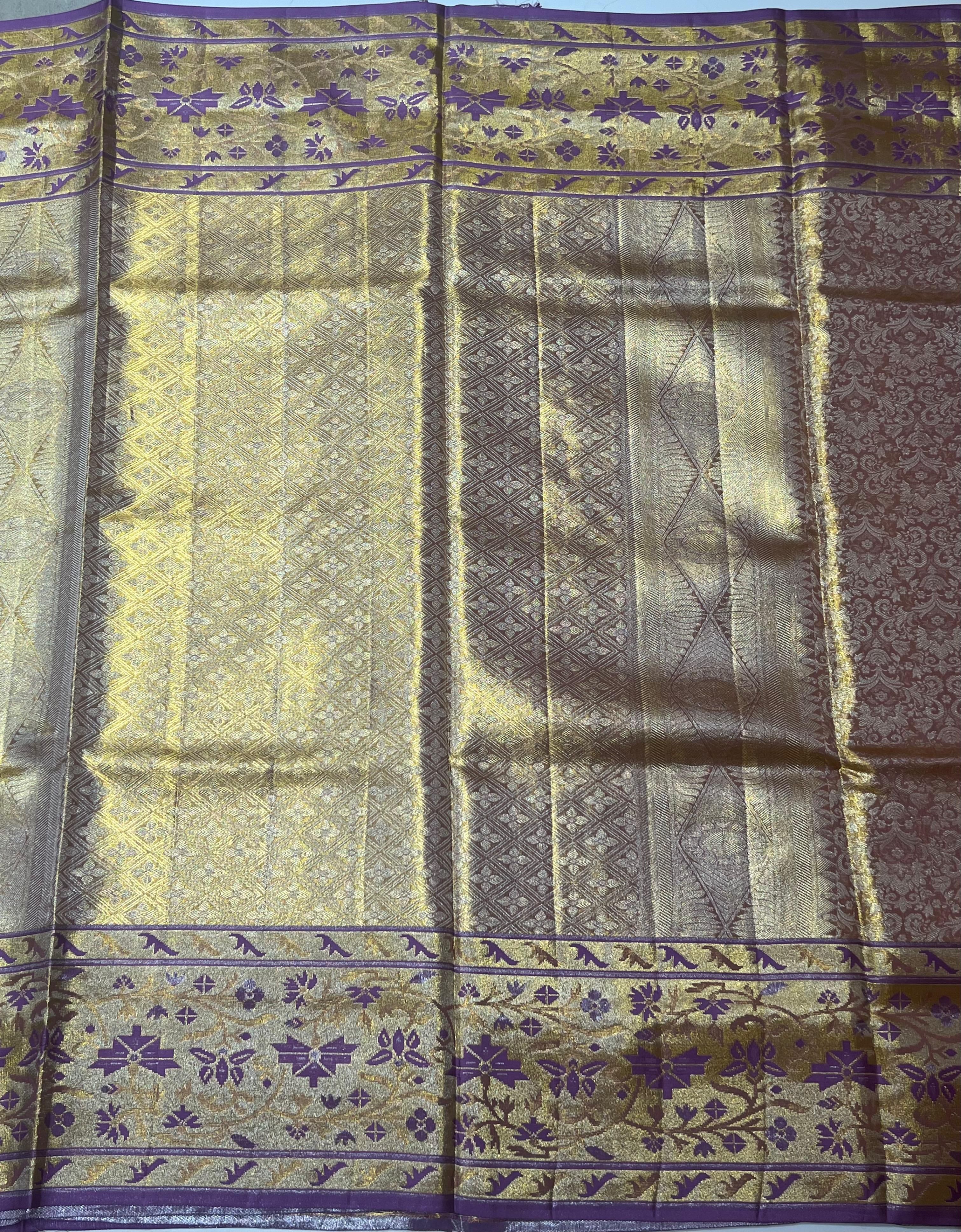 Golden and lavender border Kanjeevaram silk saree