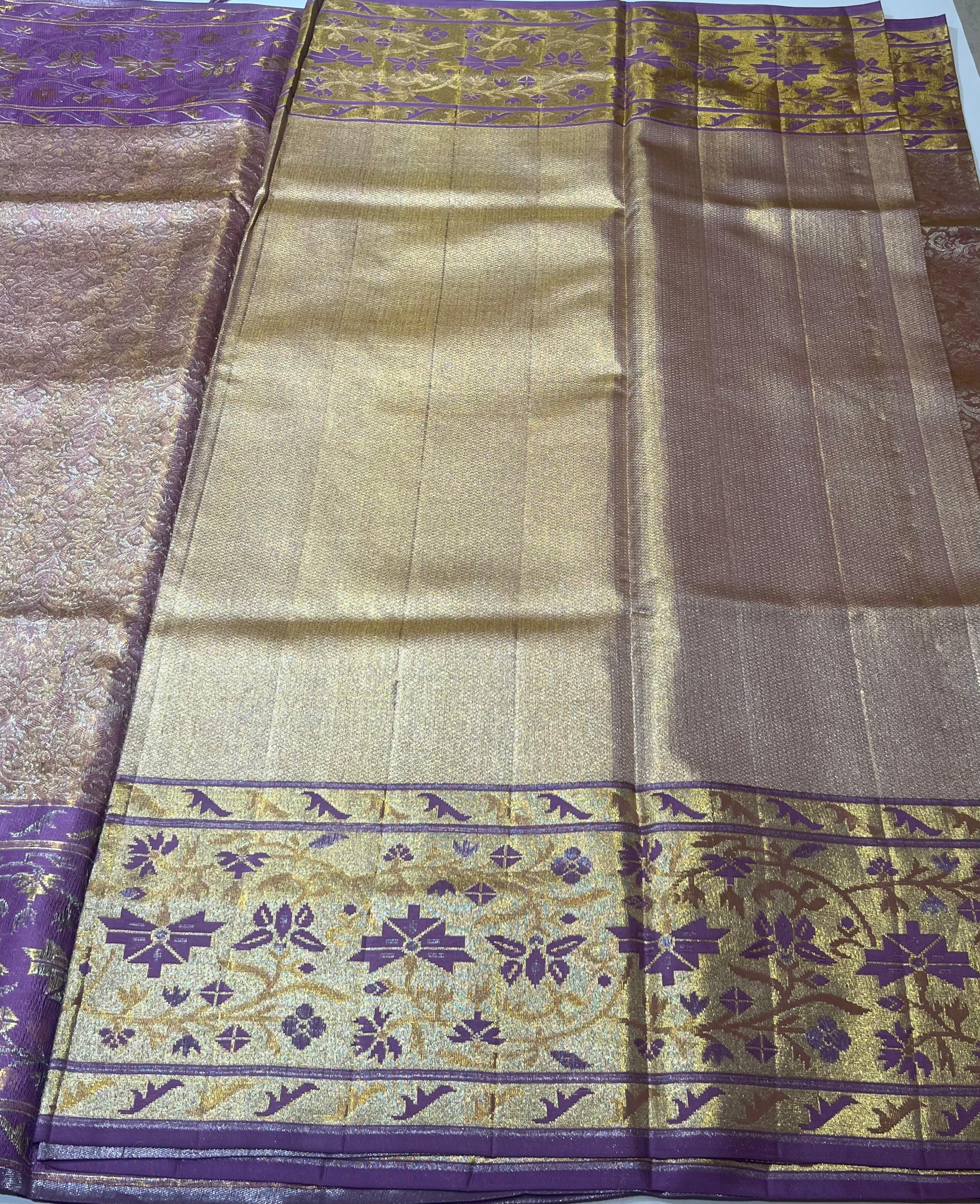 Golden and lavender border Kanjeevaram silk saree