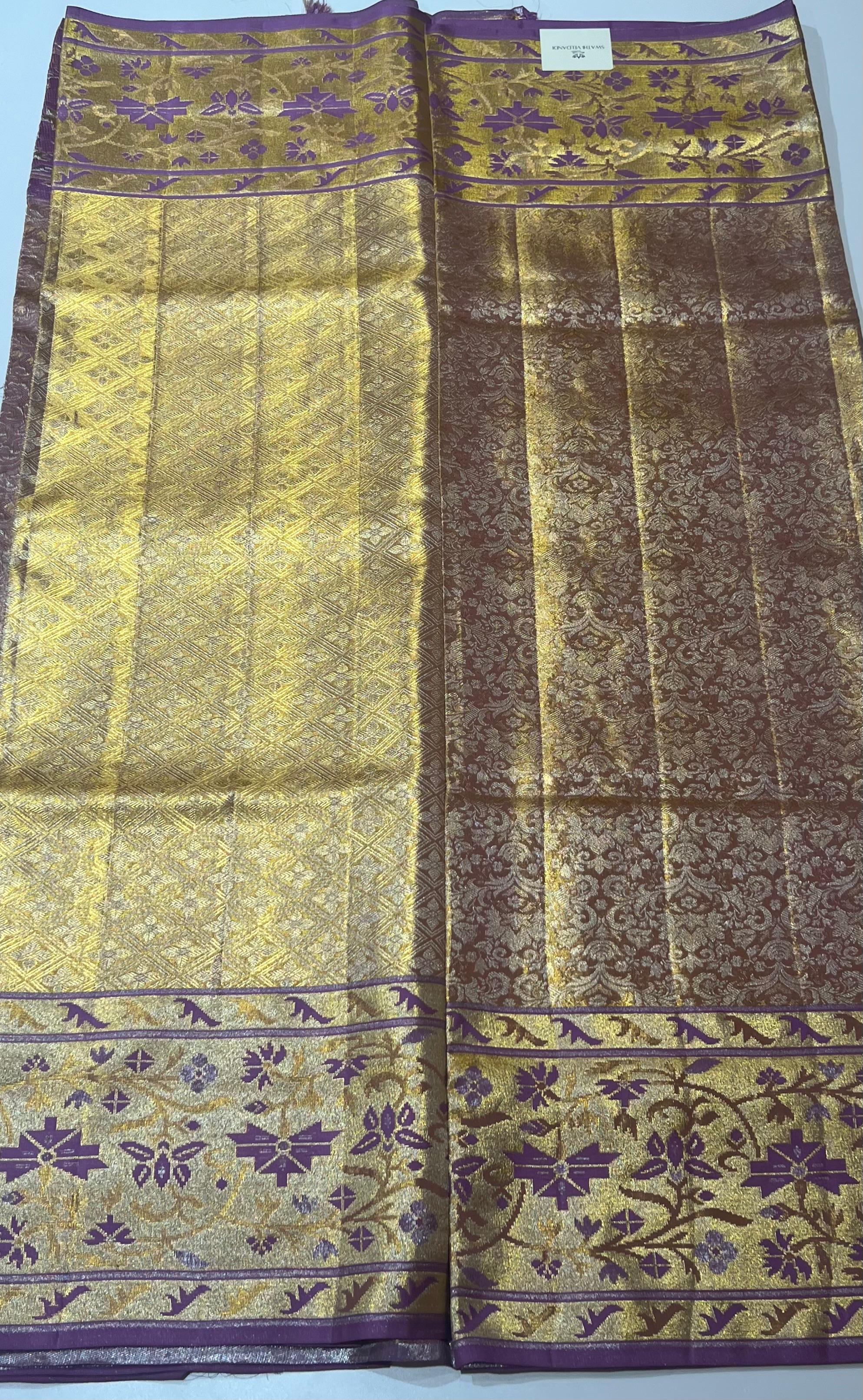 Golden and lavender border Kanjeevaram silk saree