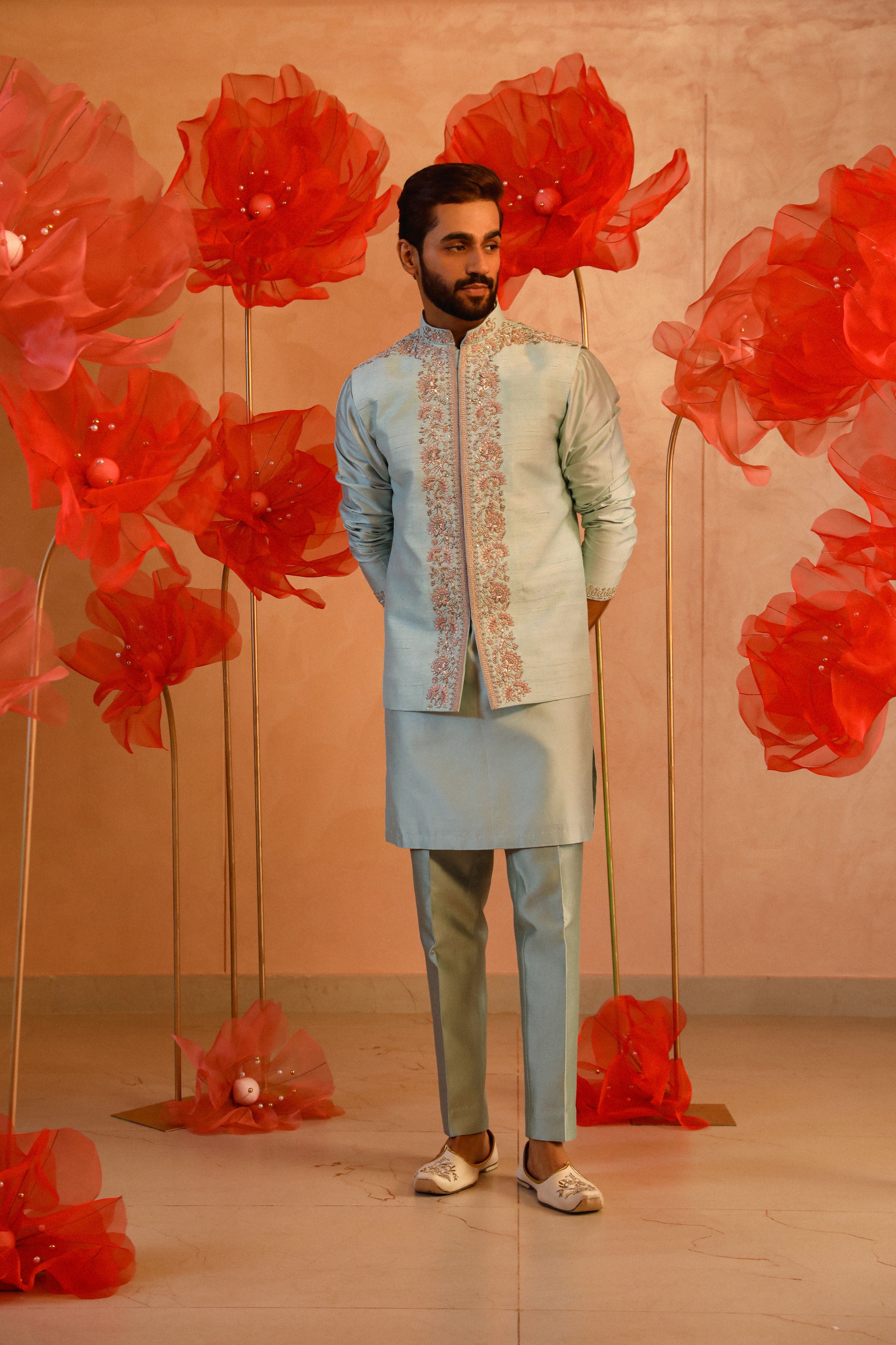 Ice Blue Embroidered Bandi Set