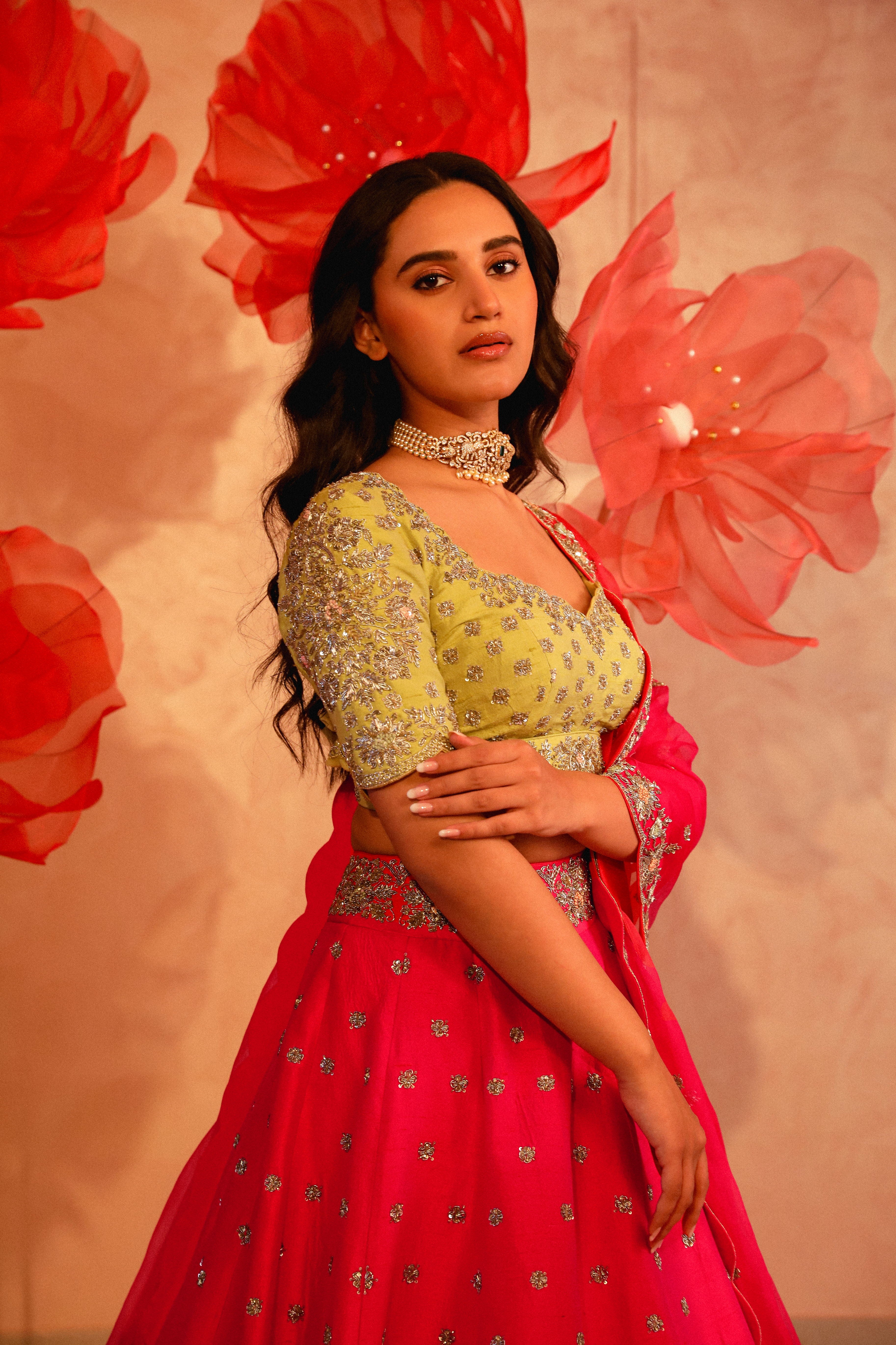 Green and pink lehenga
