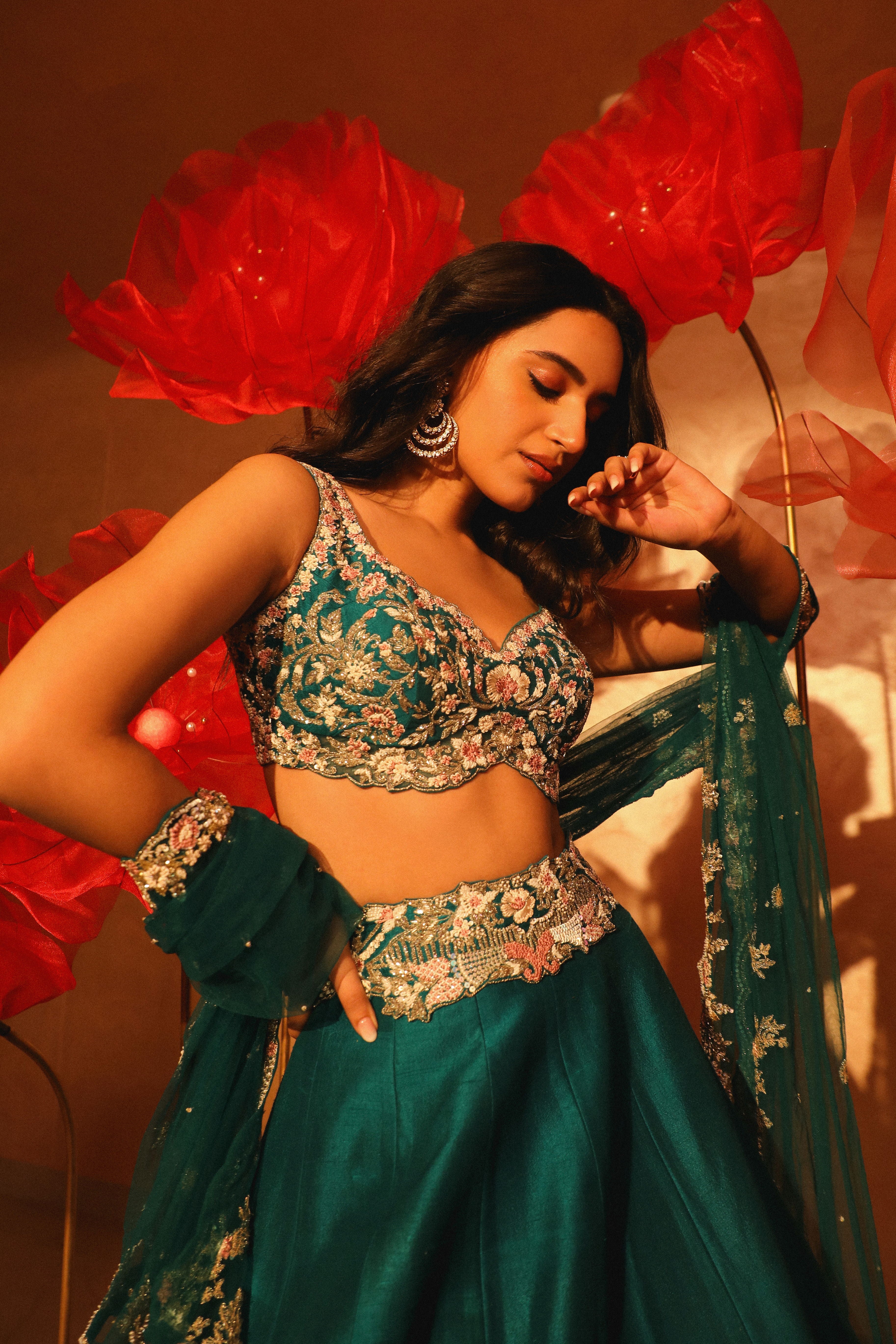 Paradisiacal Peacock Green Embroidered Lehenga Set