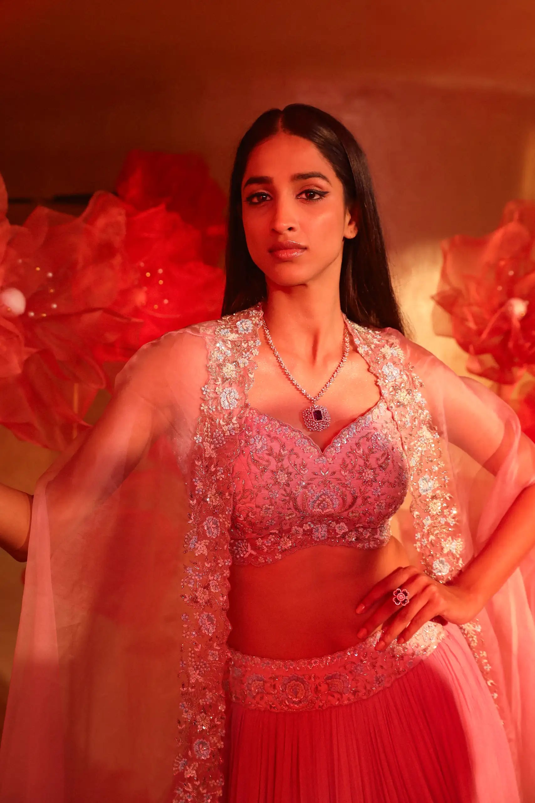Calica Cameo Pink Lehenga and Cape Set1