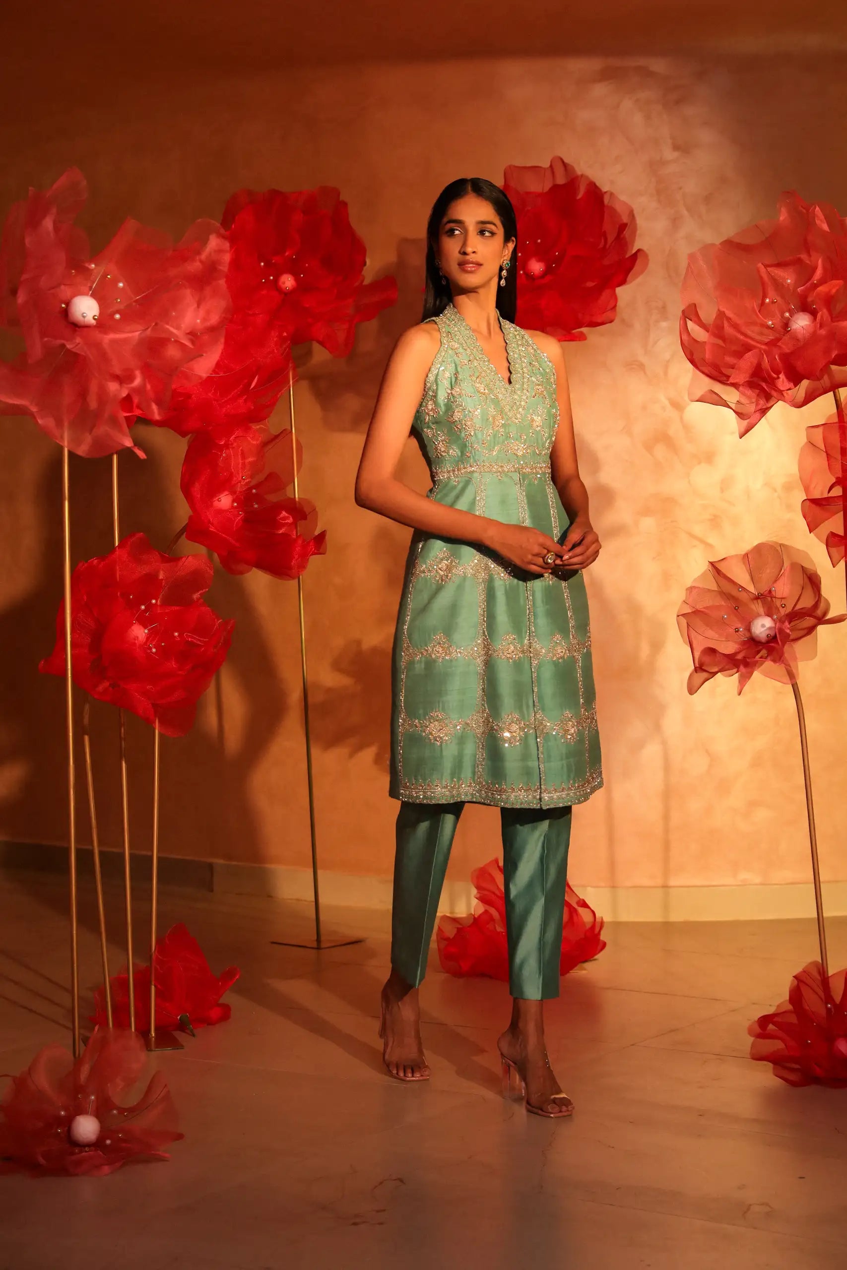 Juvenile Agate Green Embroidered Kurta Set
